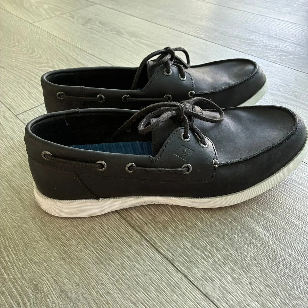 Sperry Top-Sider Mens Black Leather Boat Shoes Memory Foam Loafers 9.5M
